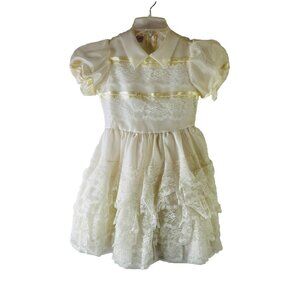 VTG 70s Merry Girl Kids Girls 7 Frilly Ruffled Lace Pointed Collar Dress USA
